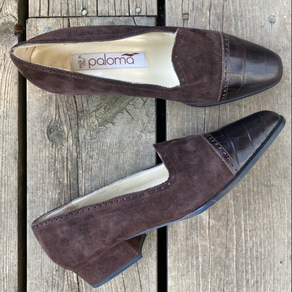 PALOMA PICASSO Shoes Vintage Retro Heels Brown Suede Leather Embossed Size 7.5